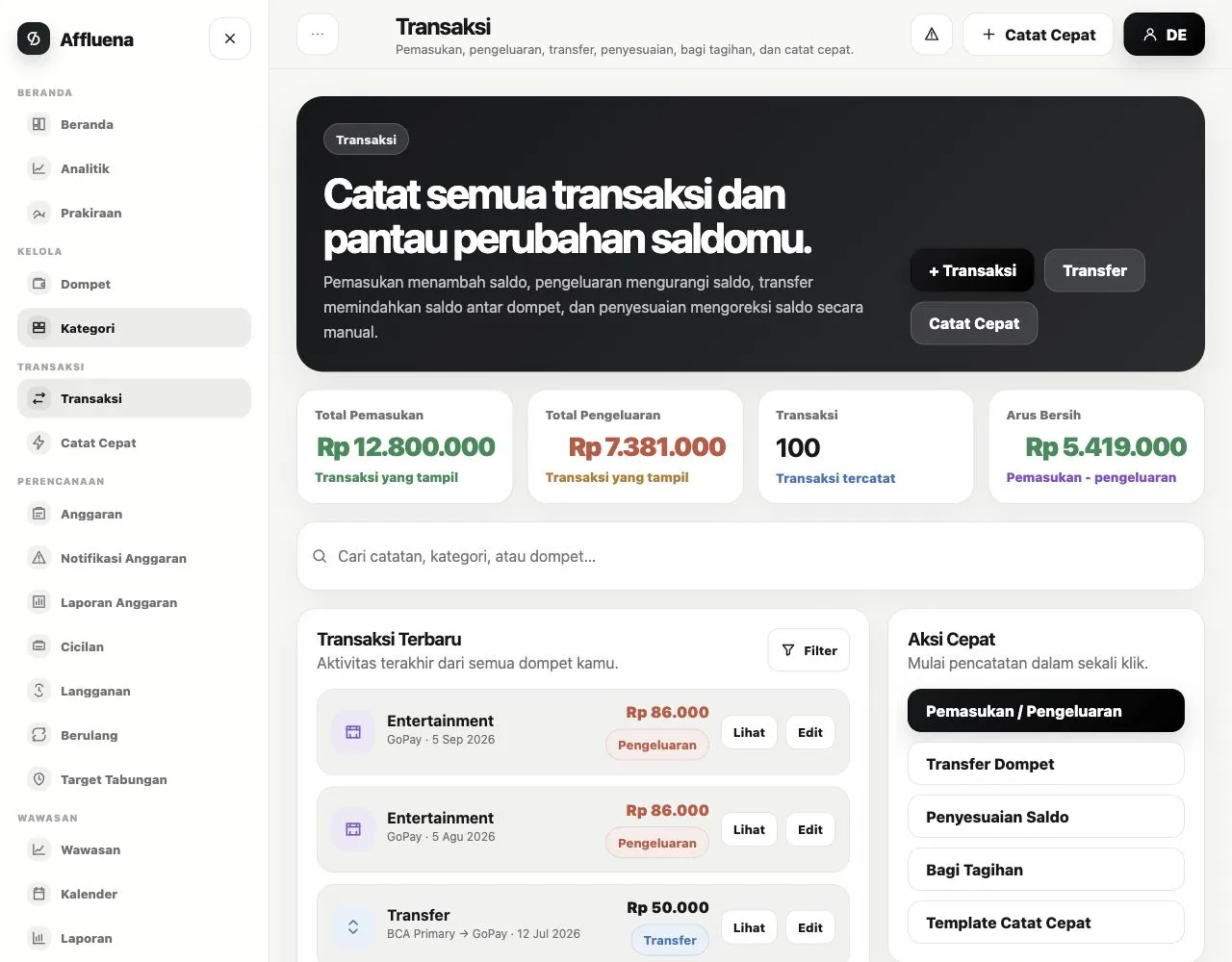 Halaman transaksi Affluena di web dengan ringkasan pemasukan, pengeluaran, dan transaksi terbaru