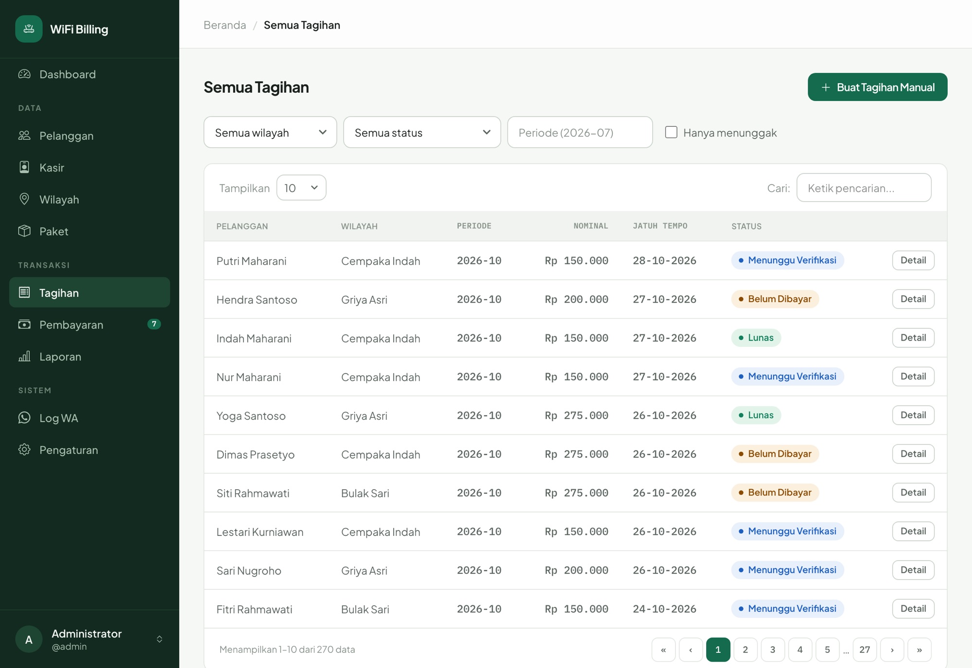 Daftar tagihan WiFi Billing berisi nama pelanggan, wilayah, periode, nominal, jatuh tempo, dan status pembayaran