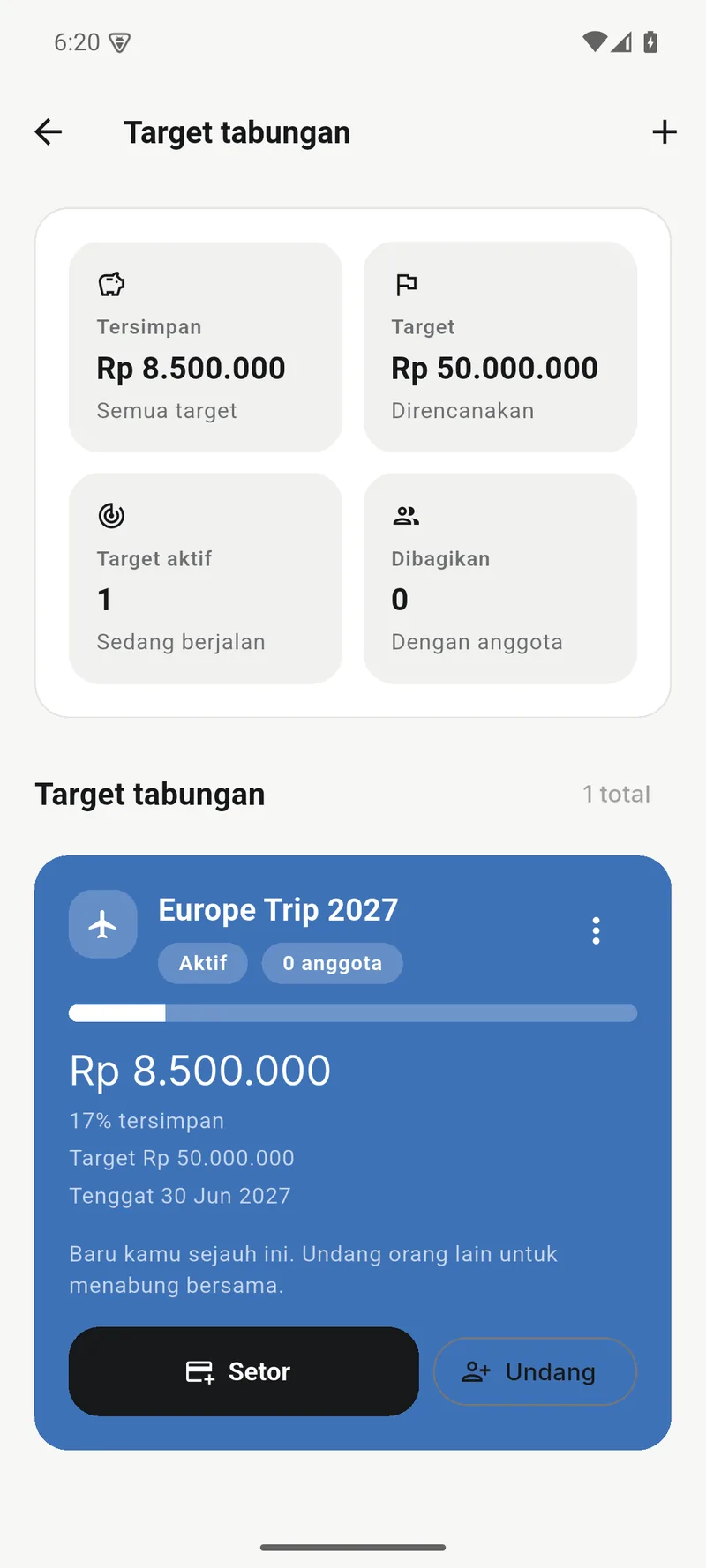 Target tabungan di aplikasi HP Affluena dengan progres serta tombol setor dan undang